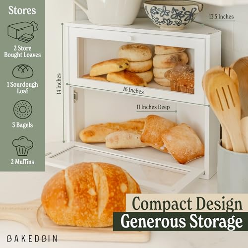 BakedBin White Double Layer Corner Bread Box - Airtight, Extra Large Kitchen Storage
