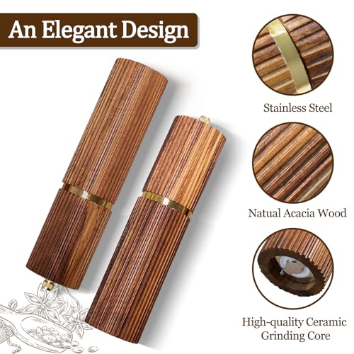 2 Pack Acacia Wood Salt and Pepper Grinder Set - Adjustable Ceramic Core, Gold Accents