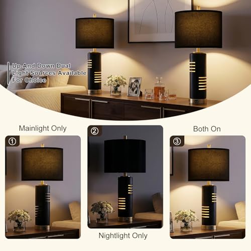 Black Faux Stone 27.5-Inch Table Lamps Set of 2 with USB & Night Light
