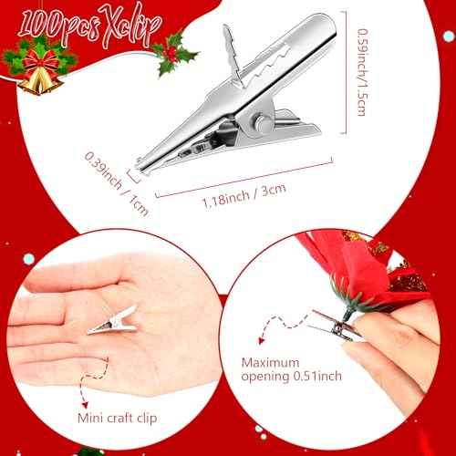 100 Pcs Christmas Tree Ornament Clips Ball Flower Decoration Clip Iron Metal Alligator Spring Clamps Test Line Crocodile Craft Baubles Hooks Hanger for Xmas Decorations 1.18 Inch