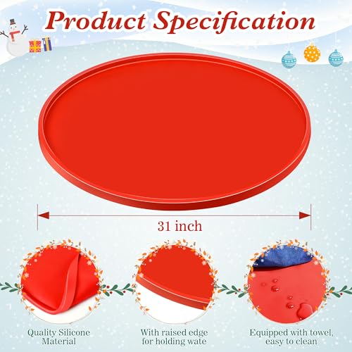 Dunkive 31 Inch Red Silicone Christmas Tree Mat Heavy Duty Floor Protector Waterproof Xmas Stand Pad