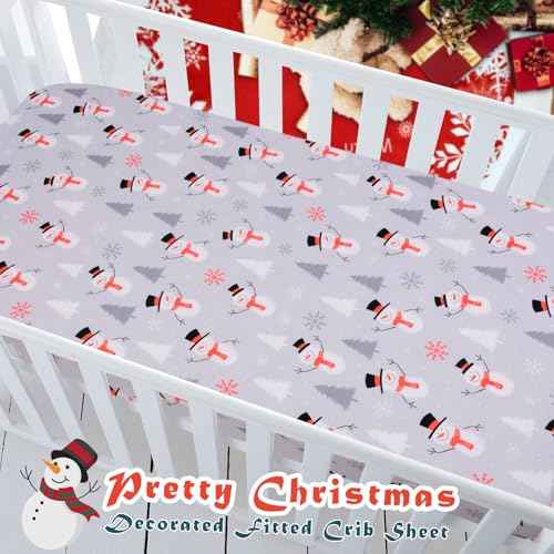 Christmas Crib Sheet, Fitted Crib Sheet with Christmas Snowman, Snowflake, Pine Tree, Measuring 52'' x 28'' to fit Standard Crib & Toddler Mattresses, Gray