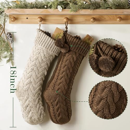 Pawliss Farmhouse Knitted Personalized Christmas Stockings 6 Pack - 18 Inch White Brown Beige Cable Knit Holiday Decor
