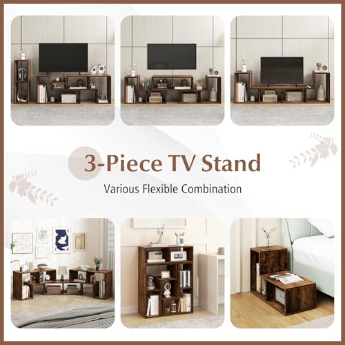 GIANTEX Free-Combination TV Stand for 50-65 Inch TVs - Brown, Modular 3-Piece Media Console with Storage Cubes