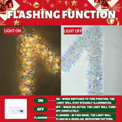 LAWOHO 6.5FT/2M Christmas Tinsel Garland with 40 LED Lights, Shiny Iridescent Foil Decorations for Christmas Tree, Wedding Birthday Party Supplies, New Year Holiday Parties, Indoor Hanging Home Decor