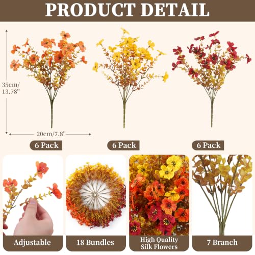 Artificial Mums for Outdoors - 18 Pack Faux Flowers with Eucalyptus Leaves - Orange, Yellow & Burgundy