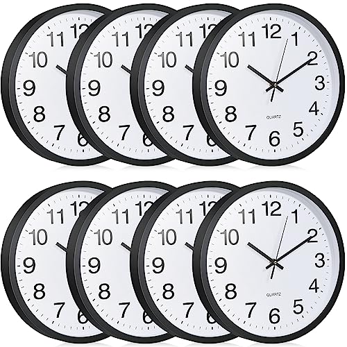 Inbagi 8 Pcs Wall Clock Bulk Silent for Classroom(Black,12 Inch)