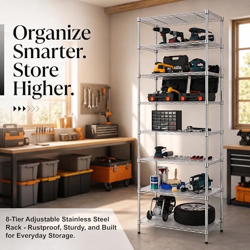 Finnhomy Chrome 8-Tier Adjustable Wire Shelving Unit - 80.7 Inches High Storage Rack