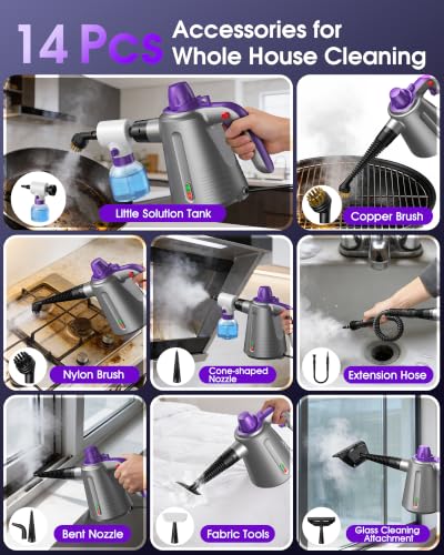 Purple Handheld Steam Cleaner for Home & Car Upholstery with 14 Accessories
