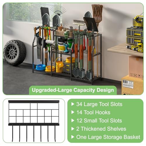 XXL Garden Tool Organizer Rack - Heavy Duty 3-Tier Yard Storage Tower with Hooks