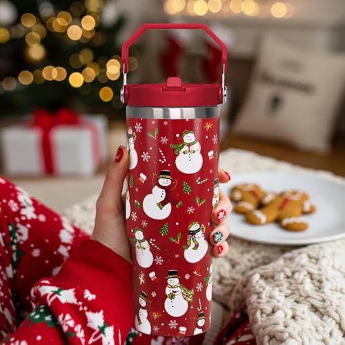Christmas Snowman 30oz Travel Tumbler with Lid & Straw – Insulated Cup, Handles
