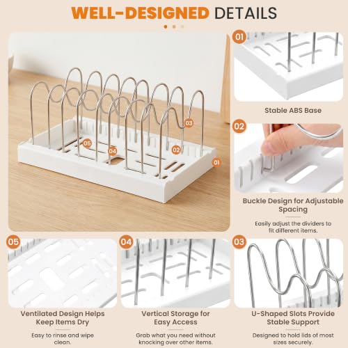 White Expandable Pot Lid Organizer with 10 Adjustable Stainless Steel Dividers - 2 Pack