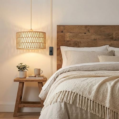 Qingmiao Boho Plug-in Pendant Light with Handwoven Shade - 3-Way Dimmable, 14ft Cord, Cylinder Drum Variant