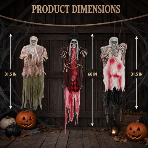 Halloween Hanging Skeleton Decorations Set - Outdoor Indoor Porch Tree Decor, 3 Pack