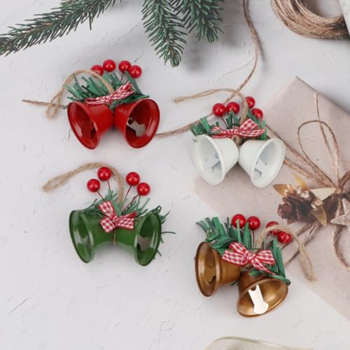 4 Pcs Christmas Tree Bells Ornaments - Red, Gold, White, Green Jingle Bells for Holiday Decor