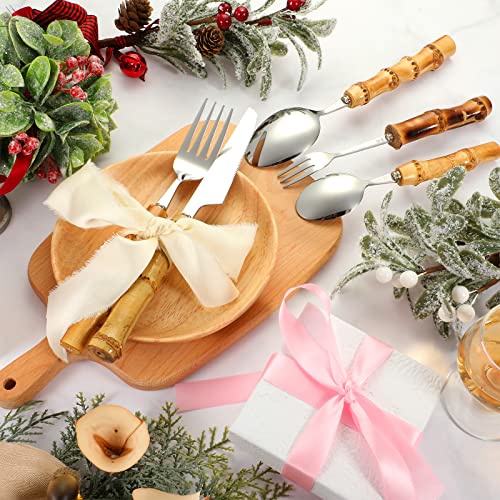 Silver Bamboo Flatware Set for 12 - 60 Pieces - Rustic Dinner Utensils