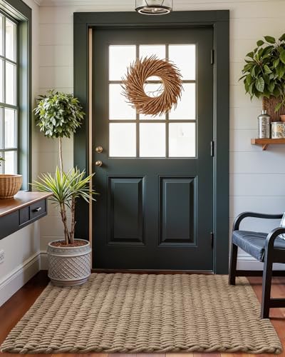 Jute Door Mat 32x48 Inches - Light Taupe Woven Entry Rug for Outside Covered Porch