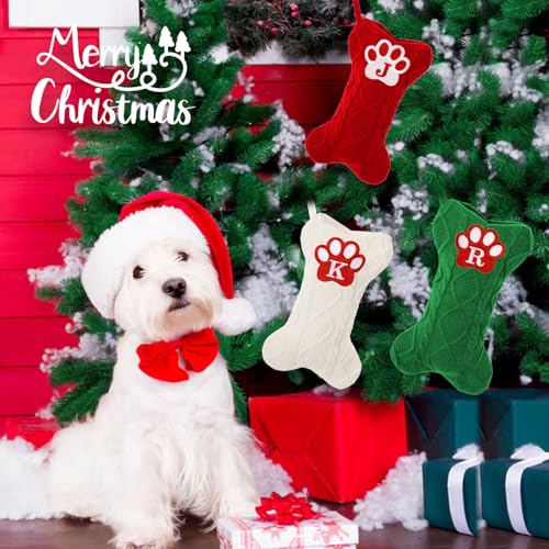 Ulico Dog Stocking with Initials£¬Bone Shape Christmas Stocking with Letters,Cable Knit Embroidered Monogram Christmas Stocking for Dogs Cats,Xmas Stockings for Pets Red C