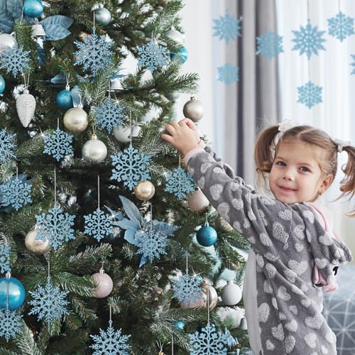 36Pcs Blue Glitter Snowflake Decorations Christmas Ornaments, Hanging Plastic Snow Flakes Ornaments with Silver Rope for Christmas Tree Decorations, Winter Wonderland Party Supplies