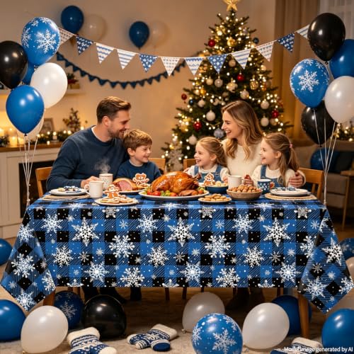 4 Pack Christmas Checkered Snowflake Tablecloths Blue & Black Buffalo Plaid 51 x 86"