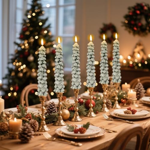 DRomance 5-4 Snowflake Christmas Tree Flameless Taper Candles with Remote Timer Set