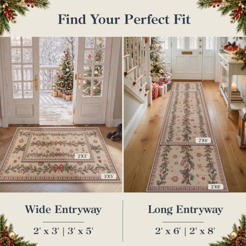 Lahome 2x6 Christmas Runner Rug - Non Slip Faux Jute Hallway Kitchen with Evergreen Bows Snowflakes