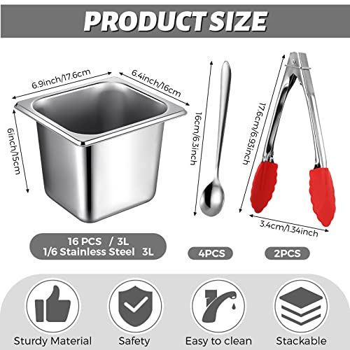 Rtteri 22-Piece 1/6 Size Deep Stainless Steel Hotel Steam Table Pan Set with Tongs & Spoons