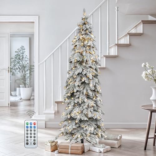 DWVO 9FT Prelit Flocked Pencil Spruce Christmas Tree with LED Lights - Slim & Full Decor