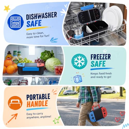 Kids Lunch Box with Thermo Container & Game Design - Blue-Red