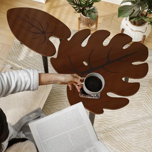 BAMEOS Monstera Leaf Nesting Tables Set of 2, Small Side f with Vein