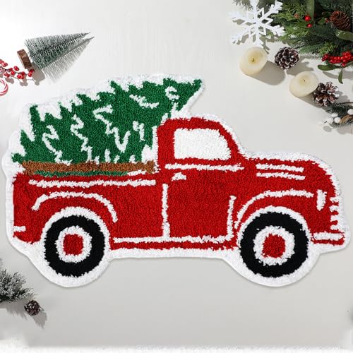 Tinideya Christmas Truck Bath Mat - Water Absorbing Flocked Shower Rug with Non-Slip Backing