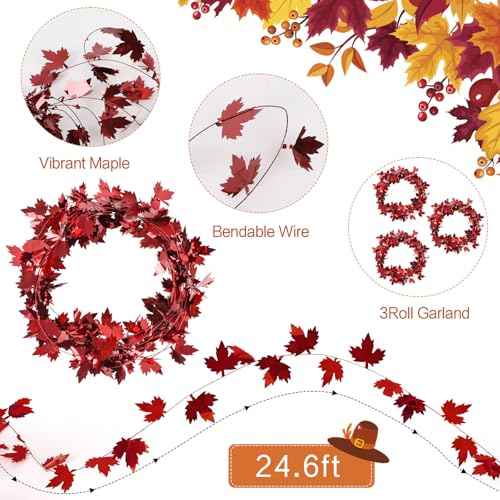 CCINEE 75 Feet Thanksgiving Wire Garland for Fall Decoration,Red Maple Leaf Wreath Hanging Metallic Tinsel Garland for Home Indoor Harvest Decor 3 Roll