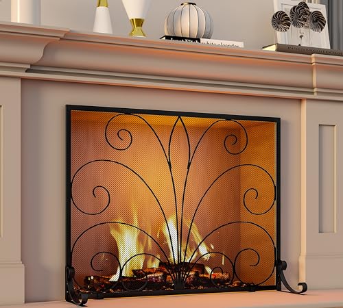 Fire Beauty Wrought Iron Fireplace Screen 37.8"L x 30.7"H Single Panel Spark Guard for Indoor Fireplace