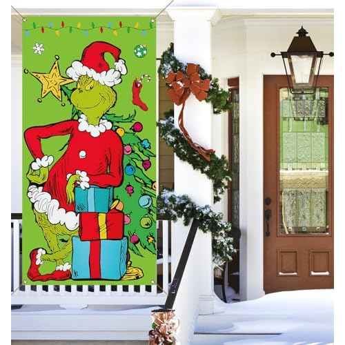 Vohado Green Christmas Door Cover Merry Christmas Winter Holiday Birthday Party Decoration Home Front Door Porch Banner