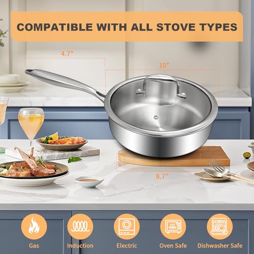 EWFEN Tri-Ply Stainless Steel Frying Pans Set, 8”/10”/12” Cooking pans, PFOA&PTFE Free Skillet, Induction Cooking Pan, Dishwasher and Oven Safe, Fast & Even Heat, Heavy Duty and Detachable Handle