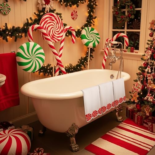 VitalCozy Christmas Peppermint Candy Hand Towels 3-Pack - Festive Cotton Decor