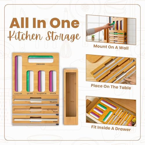 9-in-1 Kitchen Drawer Organizer for Food Storage & Wraps, Bamboo Dispenser with Cutter