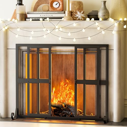 Fireplace Screen with Sliding Doors - Wrought Iron Spark Guard Cover 37.8 x 30.7 inches