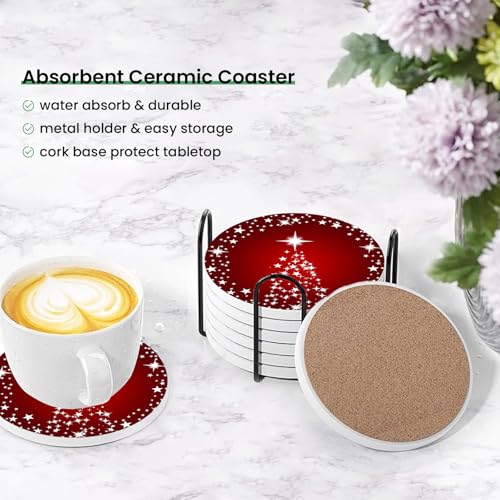 Christmas Tree Sparkling Stars Coasters Set of 6 with Metal Holder, Absorbent Ceramic Holiday Drink Coasters