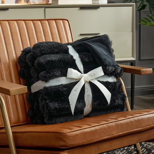 Black Faux Fur Throw Blanket 50x60 Inches Cozy Plush Sofa & Bed Accessory