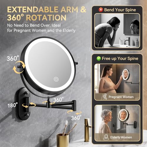 Auxmir Wall Mounted Makeup Mirror 8 Inch 20X Magnification, Rechargeable, Black, 9.2"L x 12"W