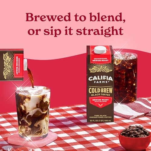 Califia Farms Medium Roast Cold Brew Coffee 32oz Pack of 6 - 100% Arabica, Unsweetened, Vegan & Shelf Stable