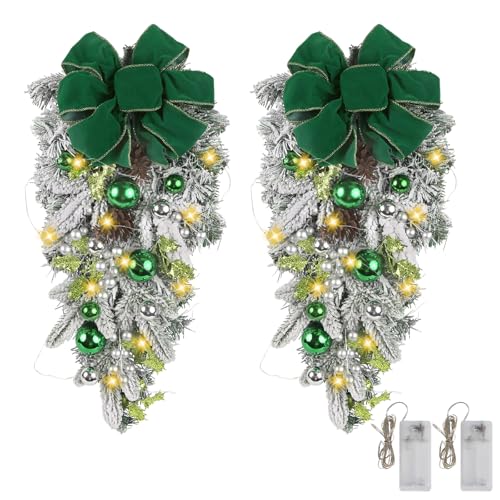 UUXX 2 Pack Prelit Green Christmas Swags with Green Bows and Ornaments, 23.6" Holiday Door Decor