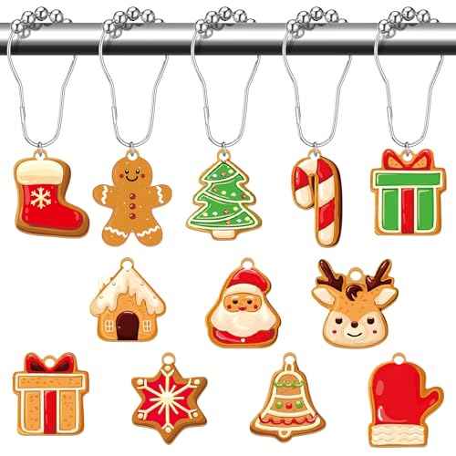 12 Pcs Christmas Gingerbread Shower Curtain Hooks Bulk Gingerbread Man Bathroom Accessories Set Xmas Candyland Winter Christmas Shower Acrylic Rustproof Hooks for Bedroom Bathroom Decor