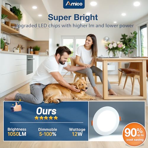Amico White 6 Inch LED Recessed Downlight 5 CCT Canless Wafer Light