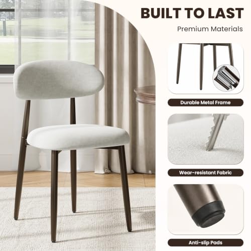 Beige Upholstered Dining Chairs Set of 2 - Modern Kitchen & Dining Room Seating with Curved Back & Bronze Metal Legs