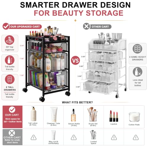 JKsmart Black 4-Tier Rolling Makeup Cart with 3 Drawers & Dividers