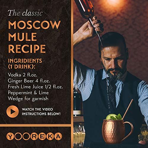 Yooreka Oval Copper Moscow Mule Mugs Set of 4 16oz Handcrafted Pure Copper Drinkware with Coasters & Accessories