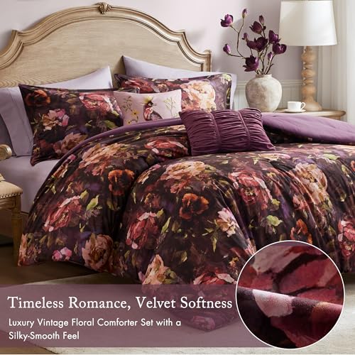 Purple Velvet Floral Comforter Set Queen 5-Piece - Shabby Chic Bedding