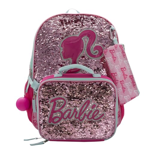 Barbie Pink 4-Piece Backpack Set with Sequin Flip Bag for Girls - School & Travel